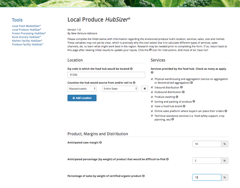 Local Produce HubSizer inputs